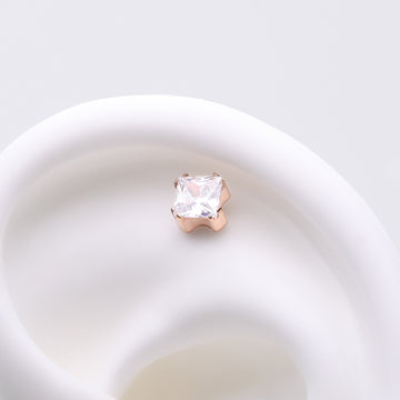 Detail View 1 of Implant Grade Titanium OneFit Threadless Rose Gold Prong Set Square Gem Sparkle Top Part-Clear Gem